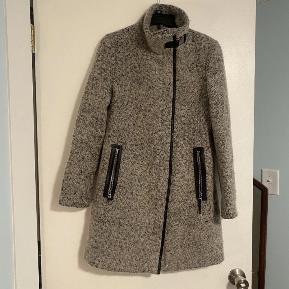 Calvin Klein Gray Wool Blend Asymmetric Long Layering PeaCoat size XS FunnelNeck